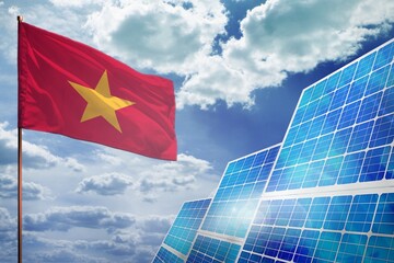 Vietnam solar energy, alternative energy industrial concept with flag industrial illustration - fight with global climate changing, 3D illustration