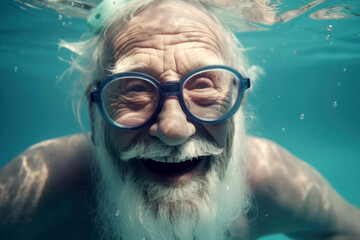 Happy old man with glasses underwater