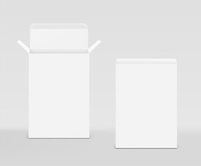 Realistic cardboard box mockup. Vector illustration isolated on grey background. Front view. Can be use for food, cosmetic, pharmacy, sport and etc. Ready for your design. EPS10.