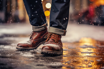 Close-up man feet in classic brown leather shoes standing on a snowy urban street, winter weather - obrazy, fototapety, plakaty
