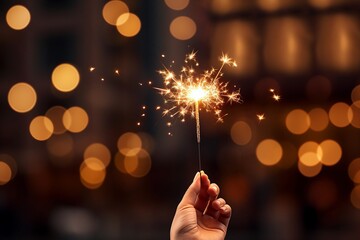 a human hand holding a christmas or new year festive party sparkler burning and shinning, fairy bokeh lights in the background