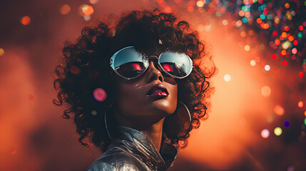 Retro Revival, a pretty woman with sunglasses at a party - obrazy, fototapety, plakaty