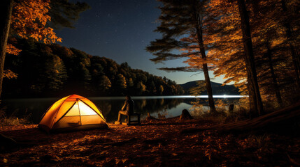 An illuminated tent in front of a lake at night