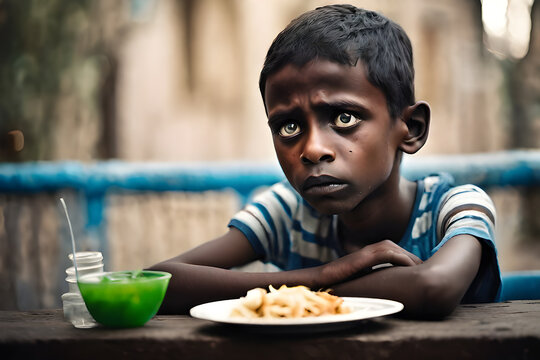 Little boy with a sad expression on his face. Hunger concept.