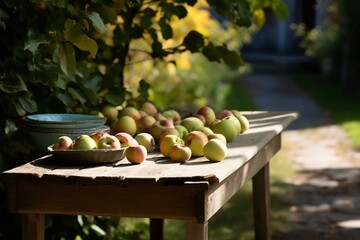 apples on table outside. Generative AI