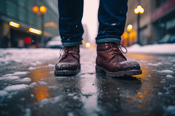 Close-up man feet in classic brown leather shoes standing on a snowy urban street, winter weather - obrazy, fototapety, plakaty