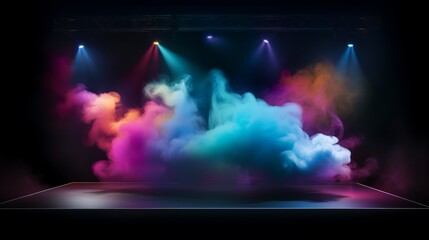 Illuminated stage with scenic lights and colorful smoke. Colorful vector spotlight with smoke volume light effect on black background. Stadium cloudiness projector. LGBTQ+