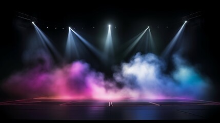 Fototapeta na wymiar Illuminated stage with scenic lights and colorful smoke. Colorful vector spotlight with smoke volume light effect on black background. Stadium cloudiness projector. LGBTQ+