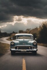 Fototapeta na wymiar iPhone , Samsung , Android Beautiful Wallpaper of an aesthetic scene of a vintage car parked on a calm road under cloudy skies with a hint of sunlight breaking through.