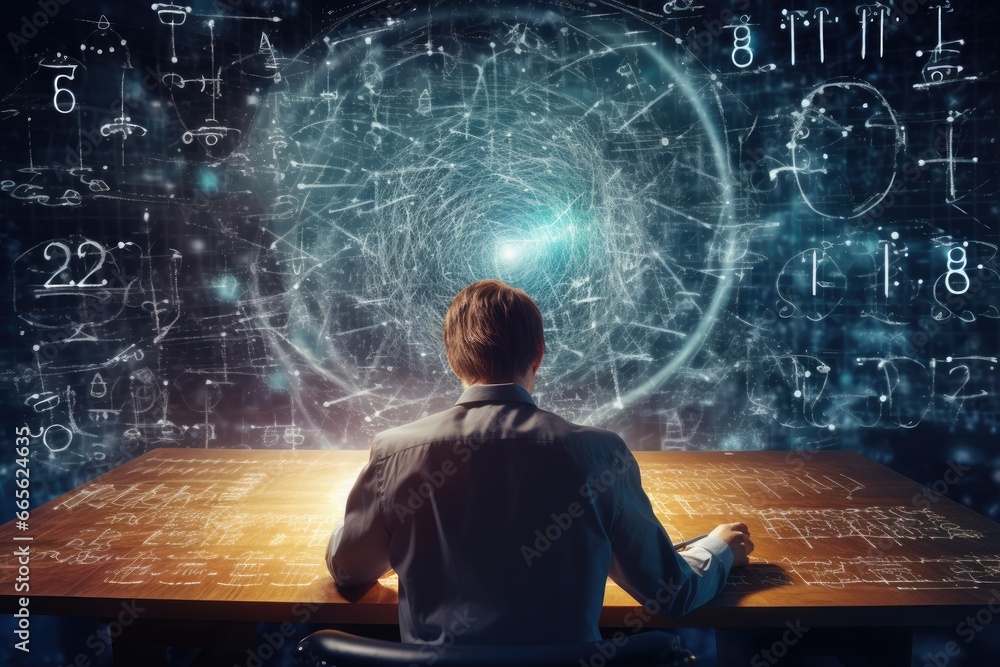 Poster view from behind a human figure, visualizing a large technological screen.