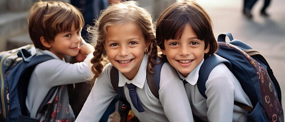 Smiling little schoolkids in school uniform with backpacks standing together outdoors and looking at camera. Close-up, blurred background. Generative AI