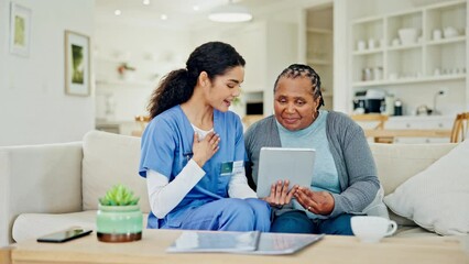 Nurse, woman and tablet on sofa for home advice, medical support and information on nursing or registration. Young medical worker or doctor talking to homecare patient with digital technology sign up