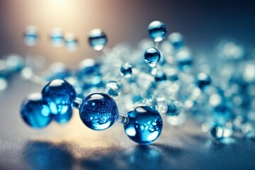 Hyaluronic acid molecules. Hydrated chemicals, molecular structure and blue spherical molecule. Microscope h2o water molecules, hyaluron acides in chemical laboratory