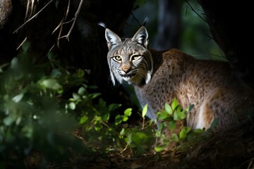 Naklejka na ściany i meble A secretive lynx hunting in the lush foliage of a Mediterranean wood. Generative AI