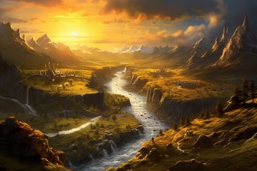 A gleaming river flowing through a dazzling valley path in the magnificent Naydemonium Ramparts. Generative AI