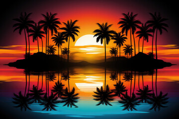 Fototapeta na wymiar Synthwave style tropical sunset scene