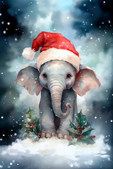 Christmas Elephant. Baby Elephant Wearing a Red Santa Hat. Christmas. Elephant Cub in the Christmas Night. Snowy Landscape. 