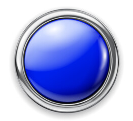 Realistic big blue plastic button with thin shiny metallic border. With shadow on white background