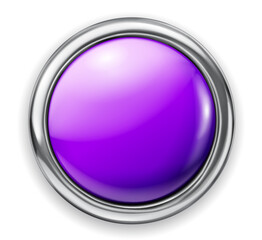 Realistic big purple plastic button with thin shiny metallic border. With shadow on white background