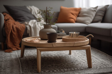 Living room decorated with natural organic materials and earthy tones accessories with a comfortable coach and wooden coffee table