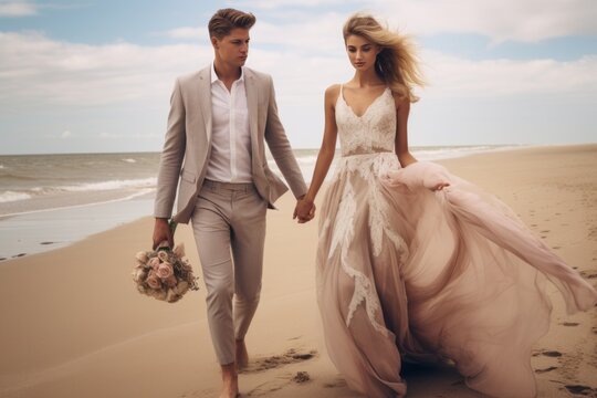an editorial glamour photo shooting of wedding celebration in the boho style at the beach: a bride in a beige cream colored dress and a bridegroom walking on the beach holding hands