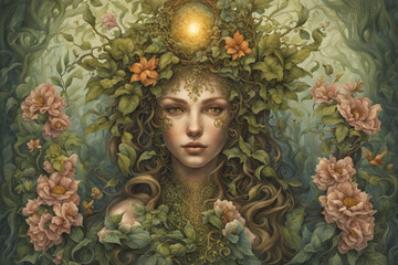 Goddess of the trees, in the forest's domain, Whispers of leaves, mystical reign