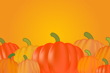 Cute pumpkin patch in orange gradient background. Vibrant bright orange, yellow color wallpaper. Cartoon pumpkins template for your design projects.