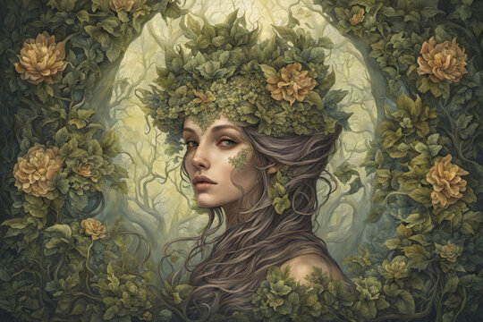 Goddess of the trees, in the forest's domain, Whispers of leaves, mystical reign