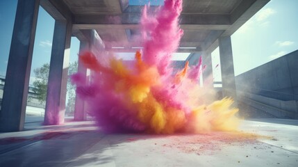 Colored powder explosion in the street. Urban Abstract closeup dust. Colorful explode. Paint holi