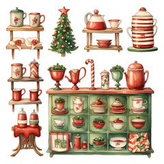collection of classroom set, decorate for christmas season with red and green color, christmas watercolors, watercolor illustration