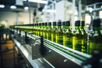bottles of olive oil travel along the production line inside a factory for the production of edible oils. - obrazy, fototapety, plakaty