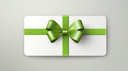 Blank 3d white gift card or gift voucher with green ribbon bow isolated on grey background with shadow. Generation AI