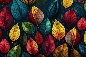 Fototapeta na wymiar Colorful leaf illustrations in a seamless pattern. Generative AI