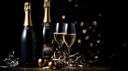 
Champagne Bottle, Wine Glasses, Golden Confetti, and Decorative Balls on a Stylish Dark Background - Lavish Flat Lay Arrangement. Generation AI - obrazy, fototapety, plakaty