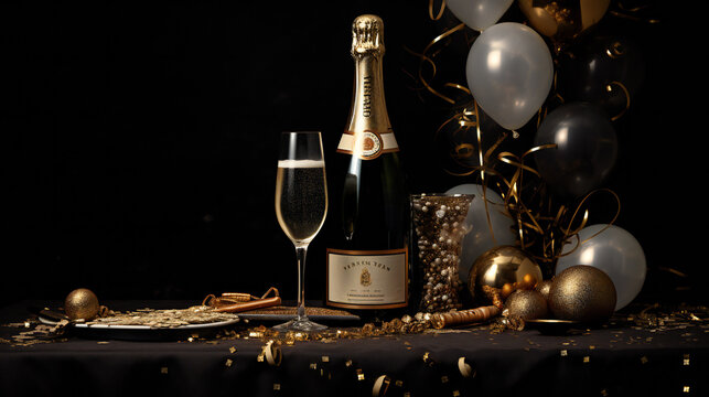 
Champagne Bottle, Wine Glasses, Golden Confetti, and Decorative Balls on a Stylish Dark Background - Lavish Flat Lay Arrangement. Generation AI