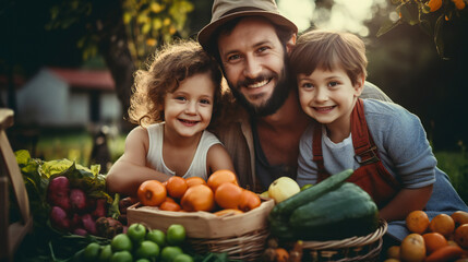 Fototapeta premium Happy family done with harvesting vegetables and smiling, sun set light