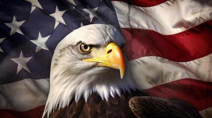 Iconic American Bald Eagle with Flag of USA: Symbolizing America - Patriotic United States Symbols. Generation AI