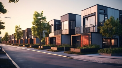 Obraz premium Modern modular private townhouses. Residential minimalist architecture exterior. A very modern neighborhood, late afternoon or morning shot. Generation AI