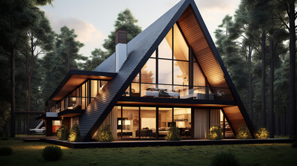 Modern residential suburban building A-frame architecture, a luminous triangular house with large windows - obrazy, fototapety, plakaty