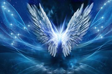 angel archangel wings with divine stars and blue mystic veil and stars like angelic, spiritual and religious concept 