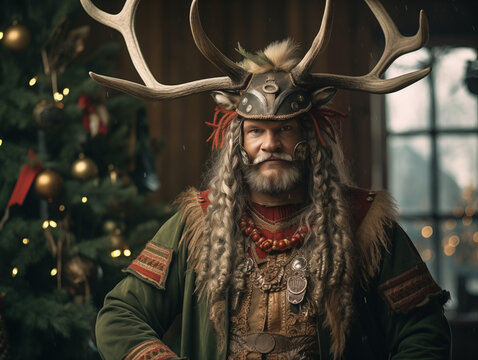 Majestic man with antler crown in festive room. Traditional Pagan Christmas, Yule, New Year celebration. Design for greeting card, backdrop, or poster 