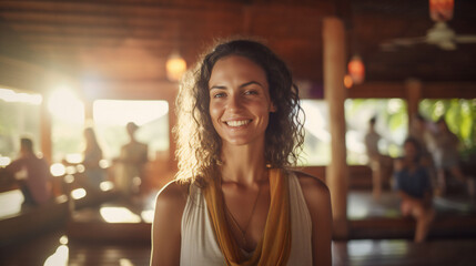 sun set light day portrait of a happy and smiling yoga teacher in yoga retreat on island. People sitting in lotus position in background, sunny day looking at camera, natural colors. Generation AI
