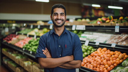 Close up portrait of male employee working in grocery store with smile on face standing in supermarket and looking at camera, with fruits on the shelf of supermarket as background Generation AI