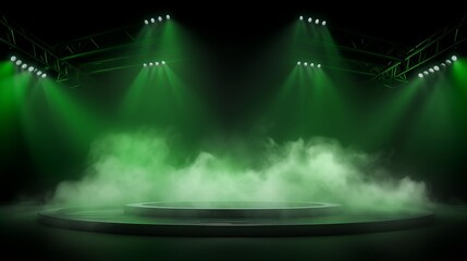 Illuminated stage with scenic lights and green smoke. Green vector spotlight with smoke volume light effect on black background. Stadium cloudiness projector