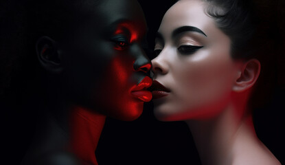 Close up portrait of two naked women, African and Asian American, in sensual red light with strong elegant make up