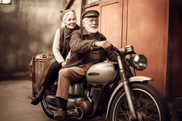 Fototapeta na wymiar Old couple sitting on a motorbike, vintage image