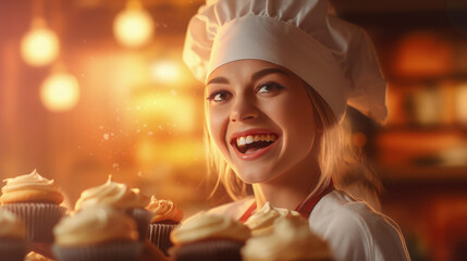 Cheerful female baker portrait proudly displaying her scrumptious cakes, sunlight background, smiling baker is happy to treat you to her delicious culinary masterpieces, passion for cooking