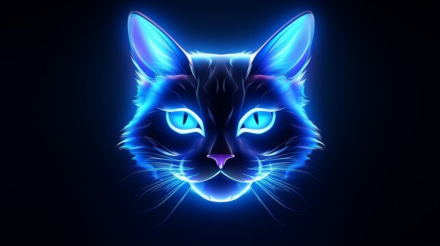 Cat face illuminated by radiant blue neon glow emerges as a futuristic and minimalistic cat logo, deep blue backdrop, captivating cat icon symbol of sleek sophistication and timeless allure