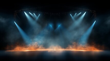 Illuminated stage with scenic lights and orange smoke. Blue vector spotlight with orange smoke volume light effect on black background. Stadium cloudiness projector