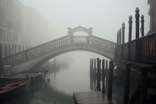 Rainy fog in historic Venice with bridges and boats. Generative AI